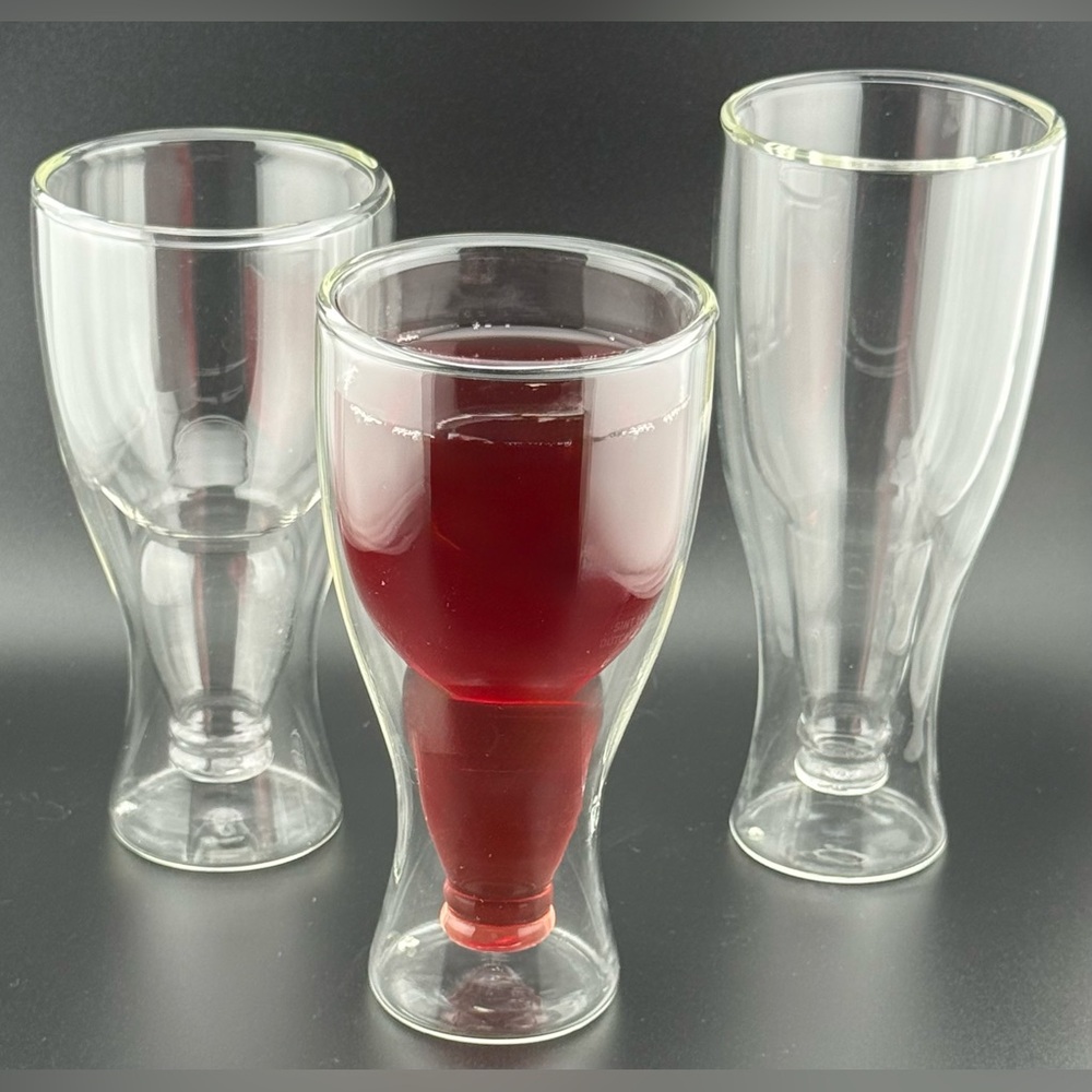 3 Hopside down double walled beer glasses. 8oz each. (2) 6”H & (1) 6.5”H